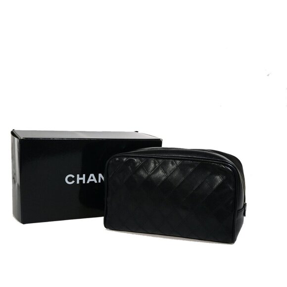 CHANEL CC Logo Bicolore Vanity Bag Pouch Leather Black GHW Italy - Picture 1 of 15